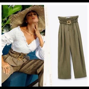 ZARA PANTS WITH BUCKLE BELT KHAKI M NWT